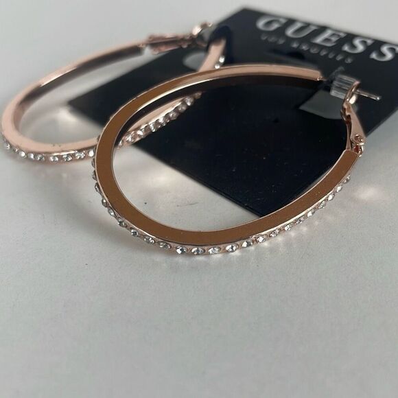 NEW Guess Rose Gold Colored Rhinestone Accent Hoop Pierced Earrings - Picture 2 of 8